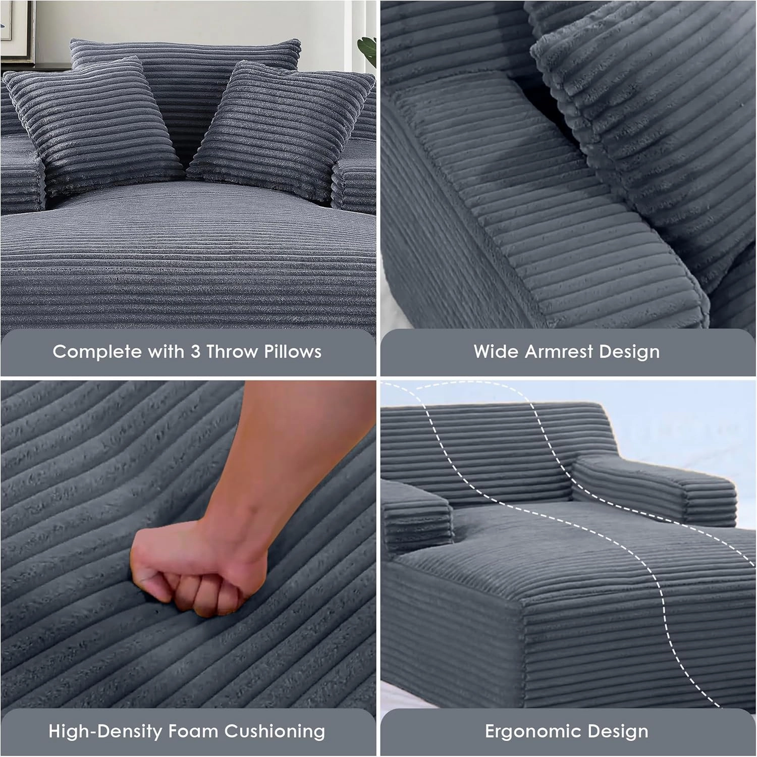 Cloudline Oversized Chaise Lounge Chair in Soft Corduroy, Modern Comfy Couch with Full Foam Cushioning, Cozy Sleeper Sofabed for Living Room, Bedroom, No Assembly Required, Grey
