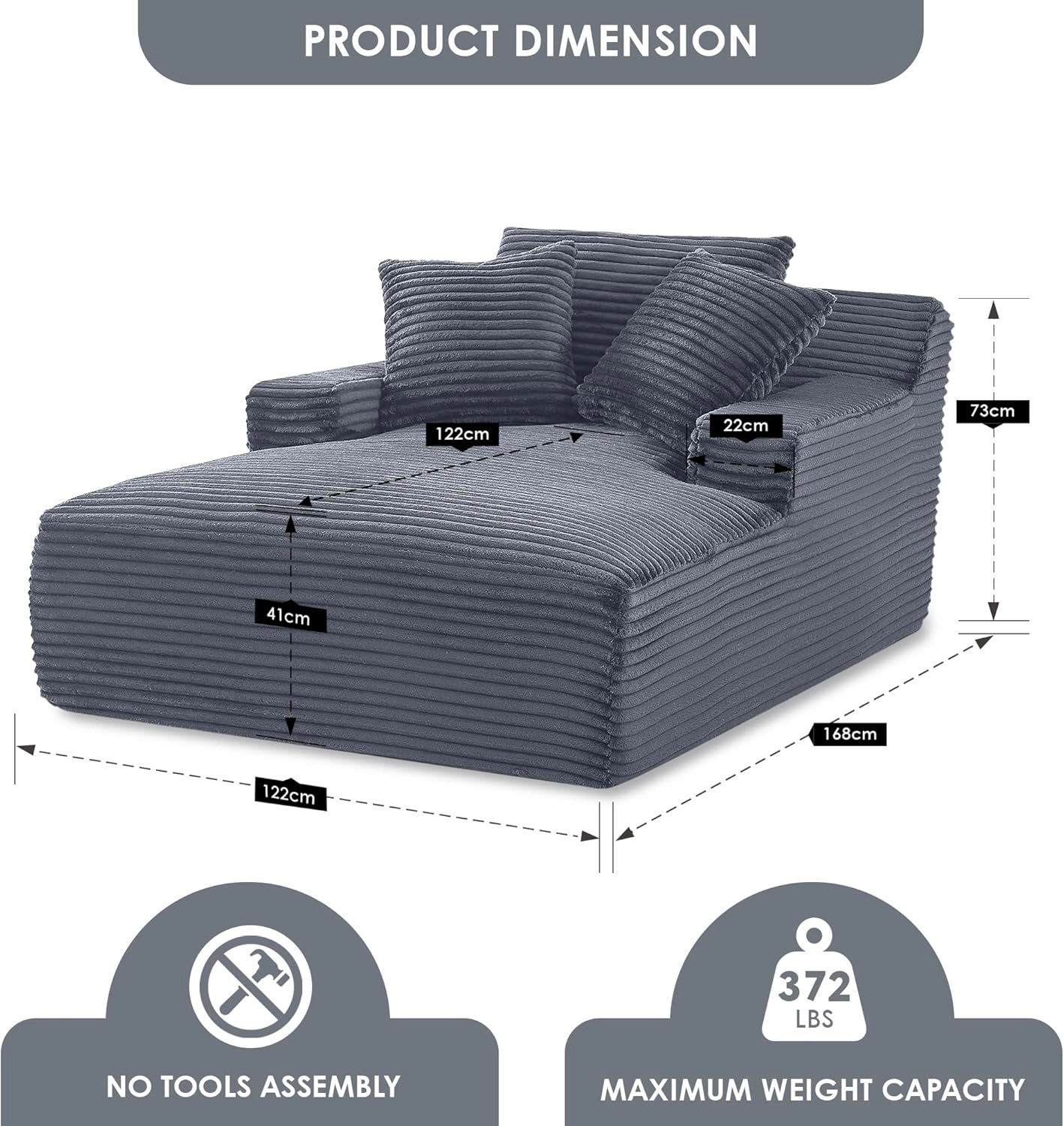 Cloudline Oversized Chaise Lounge Chair in Soft Corduroy, Modern Comfy Couch with Full Foam Cushioning, Cozy Sleeper Sofabed for Living Room, Bedroom, No Assembly Required, Grey