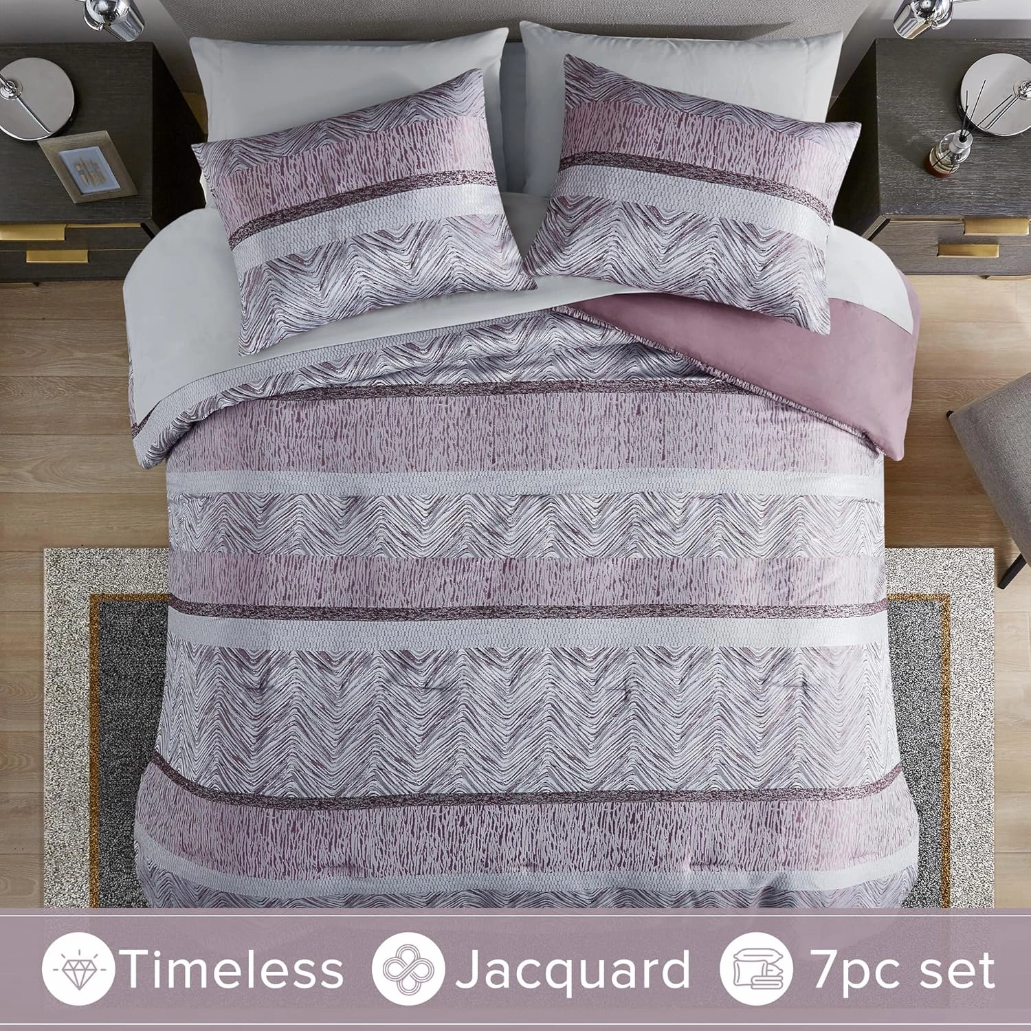 Comfort Spaces Purple Queen Comforter Set - 7 Pieces Trendy Modern Jacquard Bedding Set with Sheets, All Seasons Skin-Friendly, Lightweight & Soft Microfiber Bed Set, Shams