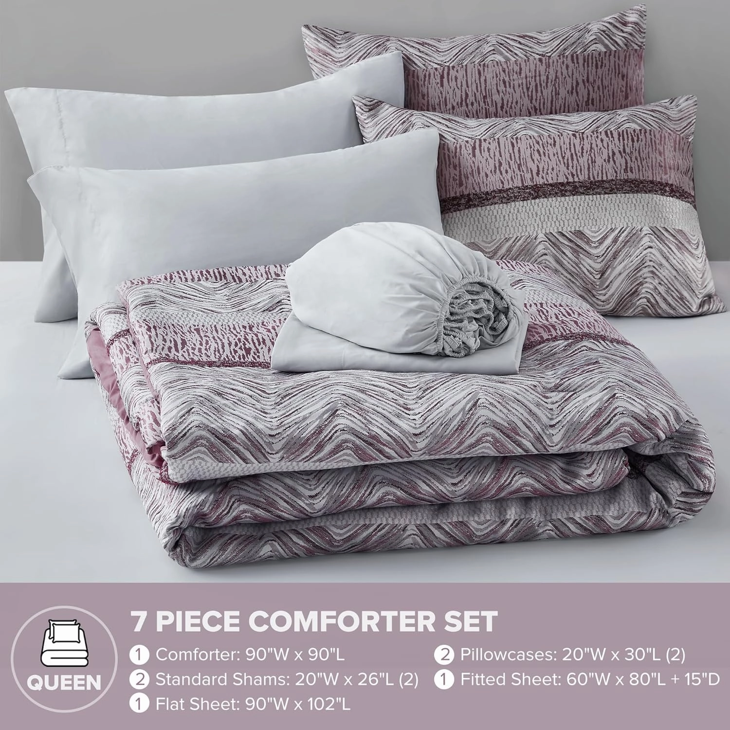 Comfort Spaces Purple Queen Comforter Set - 7 Pieces Trendy Modern Jacquard Bedding Set with Sheets, All Seasons Skin-Friendly, Lightweight & Soft Microfiber Bed Set, Shams