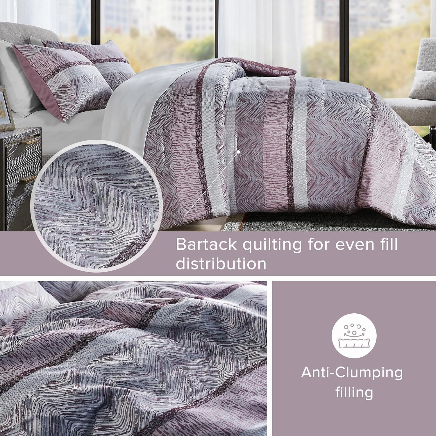 Comfort Spaces Purple Queen Comforter Set - 7 Pieces Trendy Modern Jacquard Bedding Set with Sheets, All Seasons Skin-Friendly, Lightweight & Soft Microfiber Bed Set, Shams