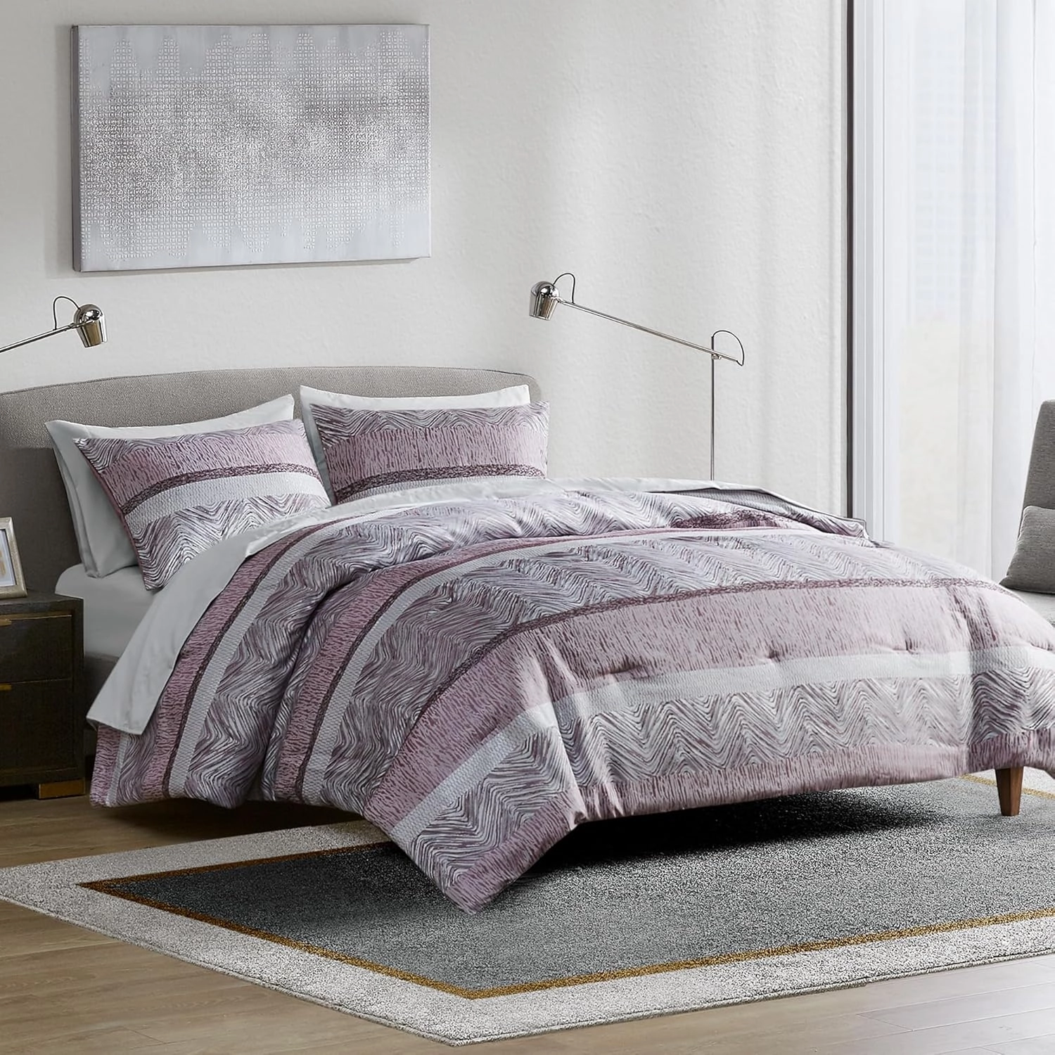 Comfort Spaces Purple Queen Comforter Set - 7 Pieces Trendy Modern Jacquard Bedding Set with Sheets, All Seasons Skin-Friendly, Lightweight & Soft Microfiber Bed Set, Shams