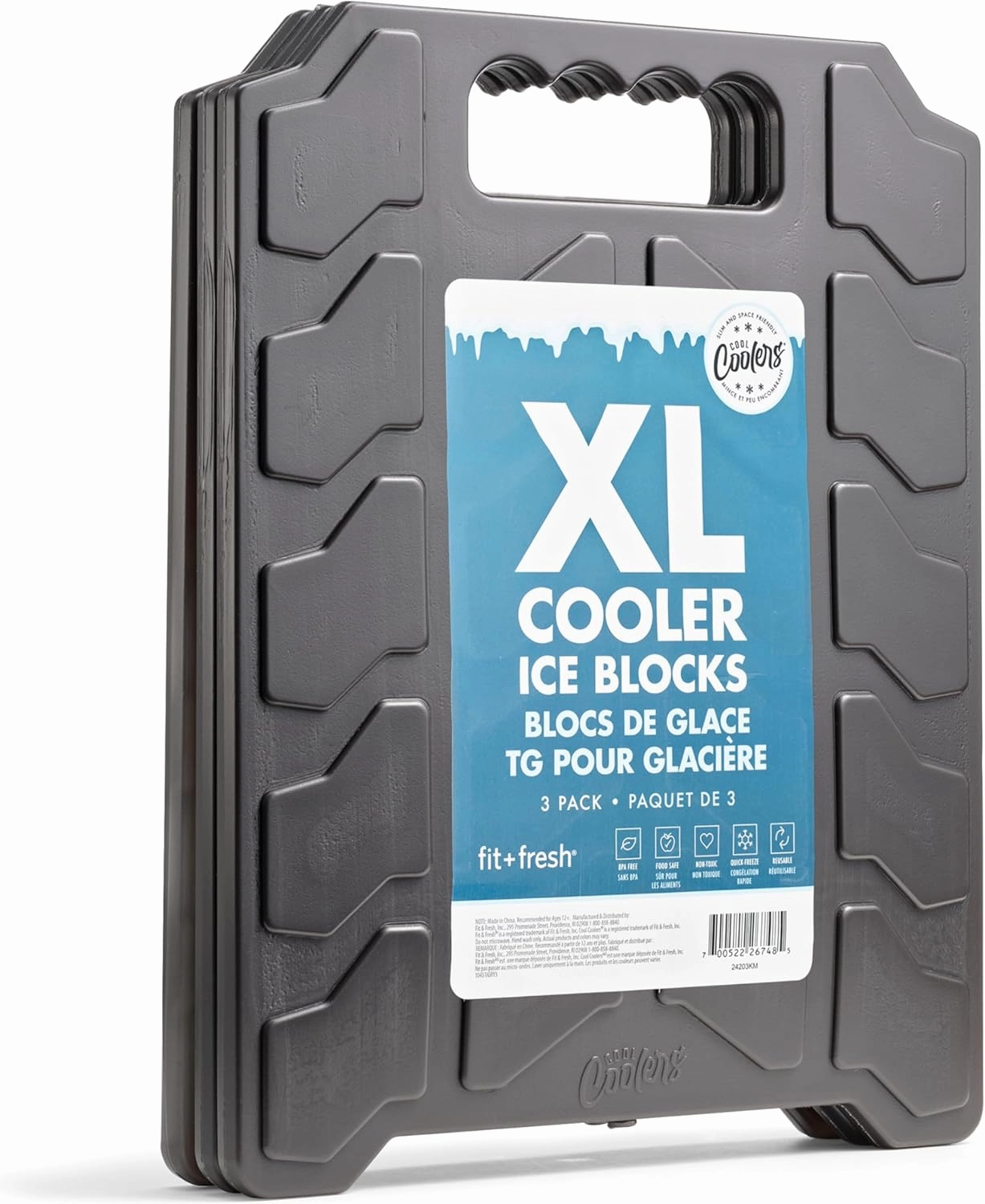 Cool Coolers by Fit & Fresh XL Slim Cooler Ice Blocks, Reusable & Long Lasting XL Ice Packs for Coolers, Slim XL Ice Packs for Cooler Bags, Space Saving, Quick Freeze, 10"x 13", Black, 3PK