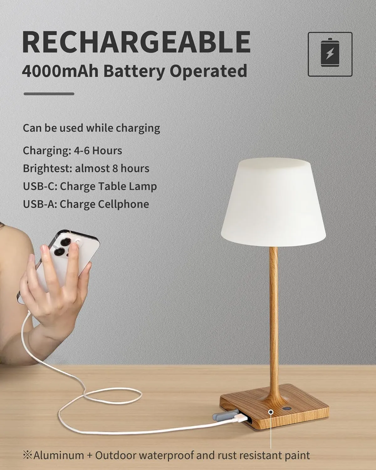 Cordless Portable Touch Table Lamp Waterproof Shower Lamp Set of 2, 4000mAh Rechargeable Battery Powered Dimmable LED Desk Lamps, Modern Baby Night Light for Bedroom, Restaurant, Bathroom 14.5"
