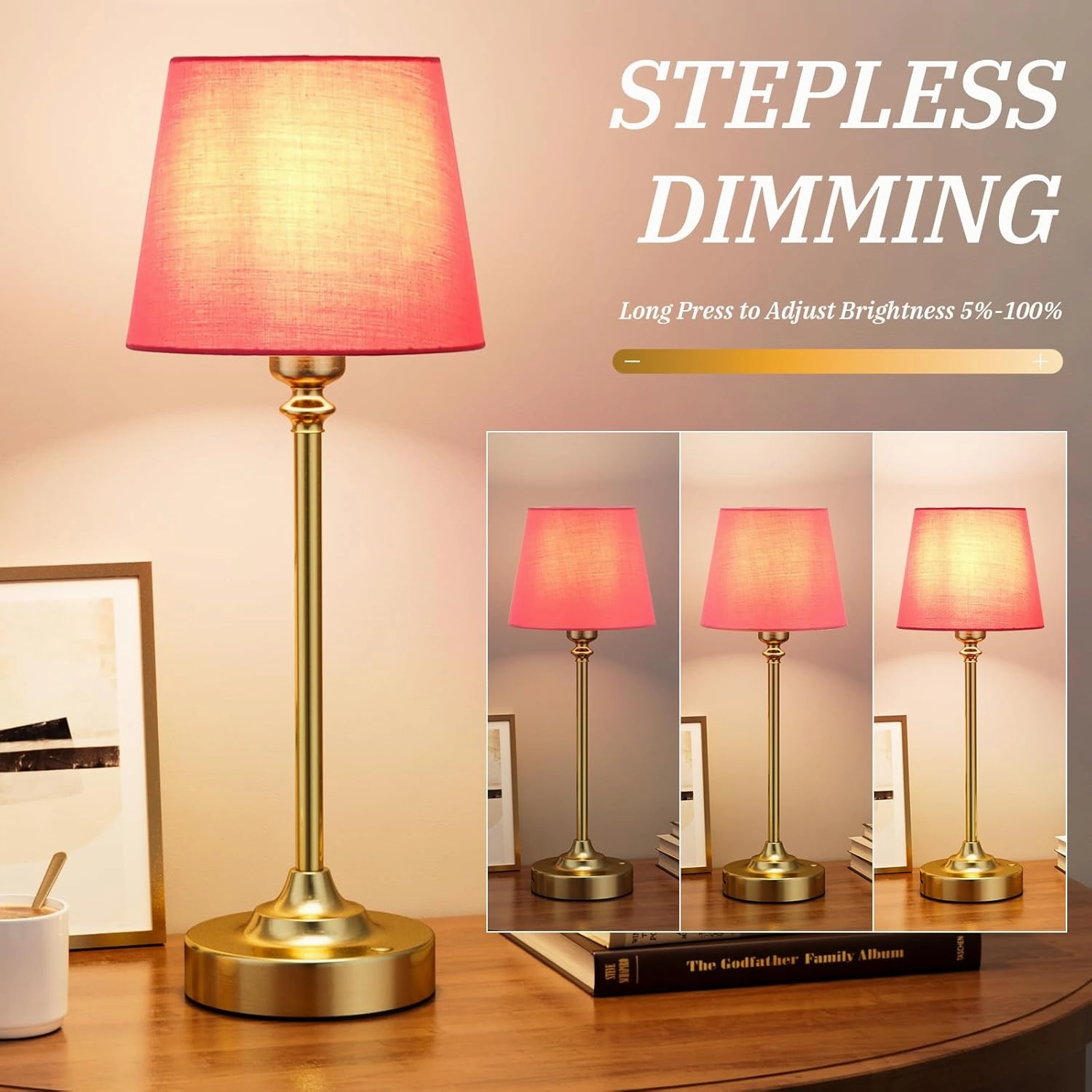 Cordless Table Lamps Rechargeable Set - 2 Pack Brass 4000mAH Battery Operated Lamps for Decor, 3000K Stepless Dimming Touch Control Wireless Lamps for Bedroom, Dining Table, Living Room, Rose Shade