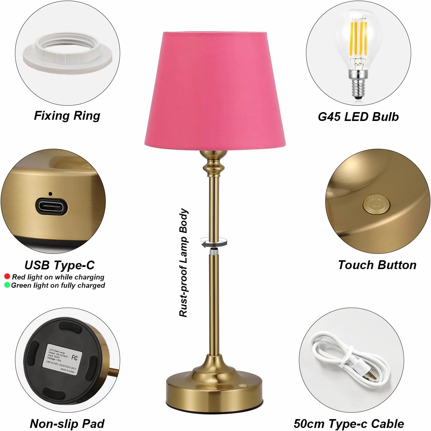 Cordless Table Lamps Rechargeable Set - 2 Pack Brass 4000mAH Battery Operated Lamps for Decor, 3000K Stepless Dimming Touch Control Wireless Lamps for Bedroom, Dining Table, Living Room, Rose Shade
