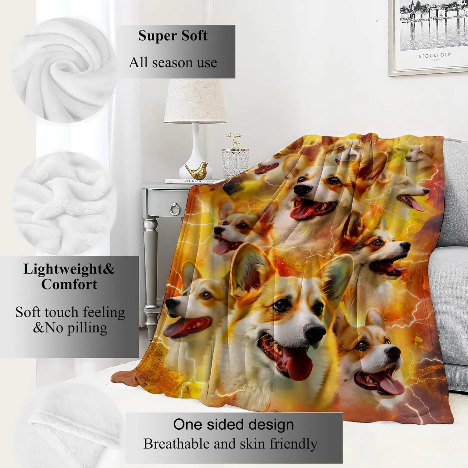 Corgi Power Blanket Fiery Energetic Puppy Dog Throw Blankets,Birthday Gifts for Kids Adult & Pet Lovers,Lightweight Soft Fleece,for Sofa Couch Bed Room Modern Decor 50x60in