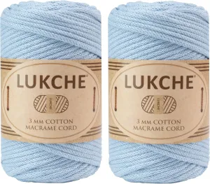 Cotton Braided Macrame Cord 3mm x 93yards (279 Feet), Colored Cotton Rope, Macrame Yarn, Colorful Cotton Craft Cord for Wall Hanging, Plant Hangers, Crafts, Knitting, (Baby Blue, 3mm 2 Skein)