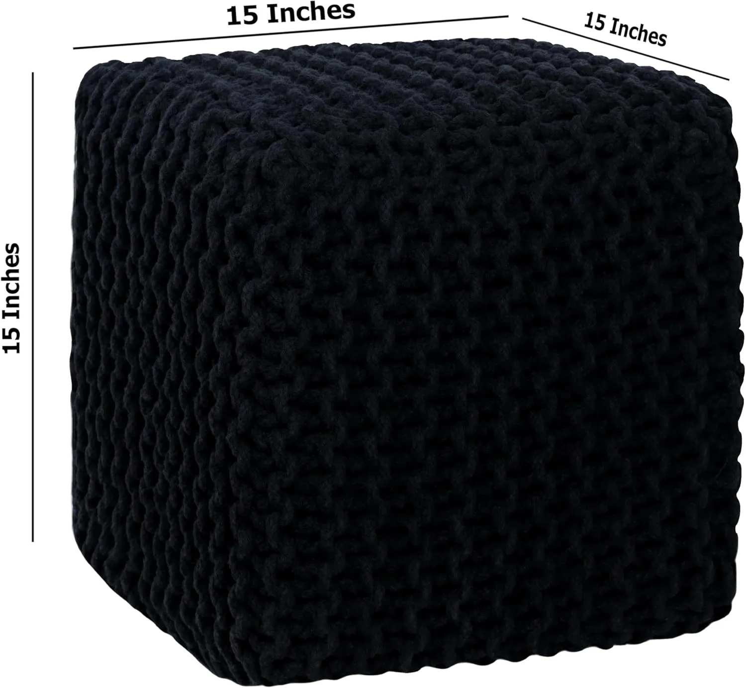COTTON CRAFT Braided Cube Pouf - Hand Knitted Cotton Cord Cable Dori Ottoman - Foot Stool - Floor Pouf - Footrest - Portable Lightweight Accent Seat - Living Room Bedroom Dorm - 15 x 15 Square - Black