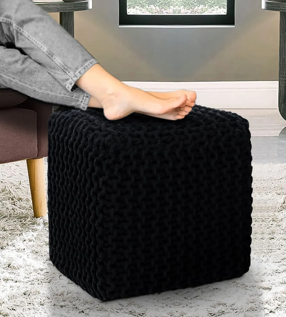 COTTON CRAFT Braided Cube Pouf - Hand Knitted Cotton Cord Cable Dori Ottoman - Foot Stool - Floor Pouf - Footrest - Portable Lightweight Accent Seat - Living Room Bedroom Dorm - 15 x 15 Square - Black