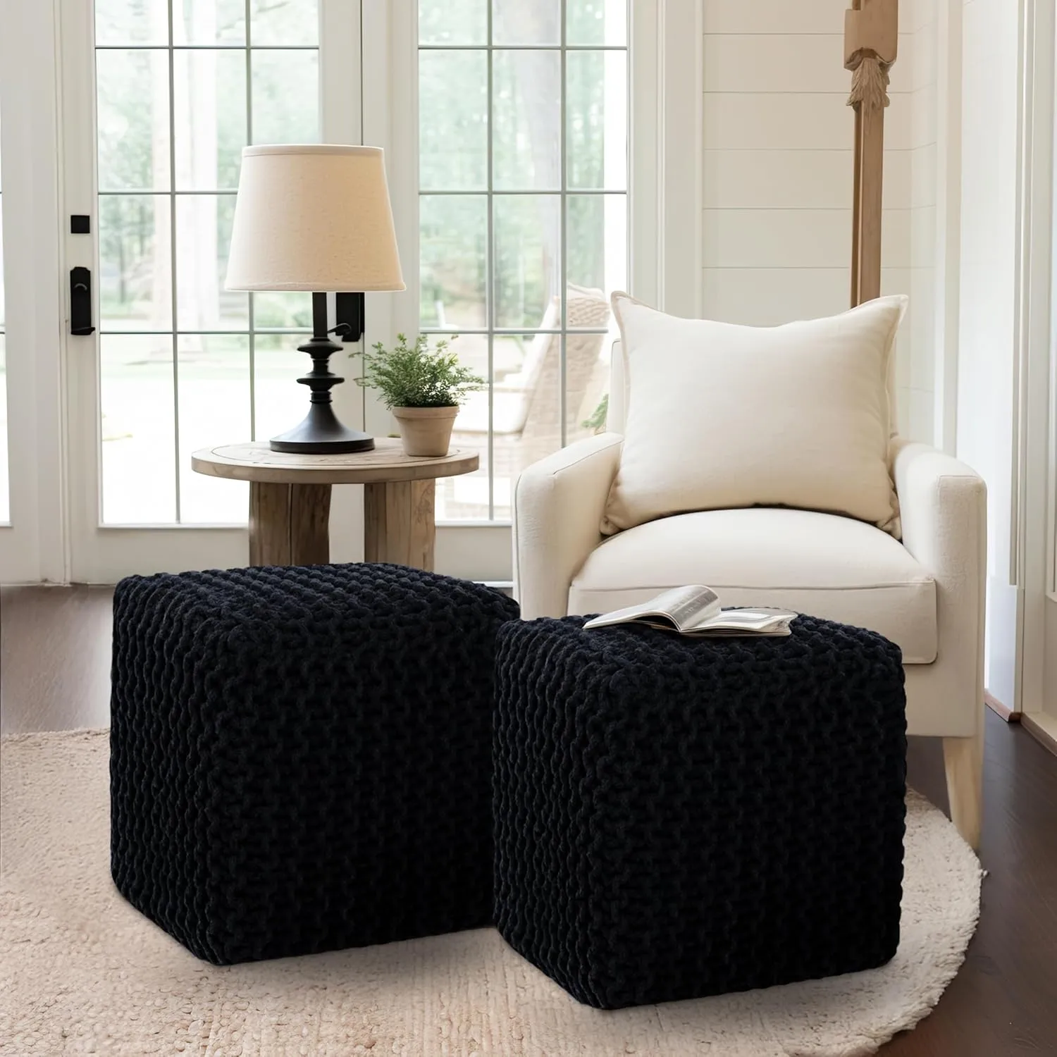 COTTON CRAFT Braided Cube Pouf - Hand Knitted Cotton Cord Cable Dori Ottoman - Foot Stool - Floor Pouf - Footrest - Portable Lightweight Accent Seat - Living Room Bedroom Dorm - 15 x 15 Square - Black