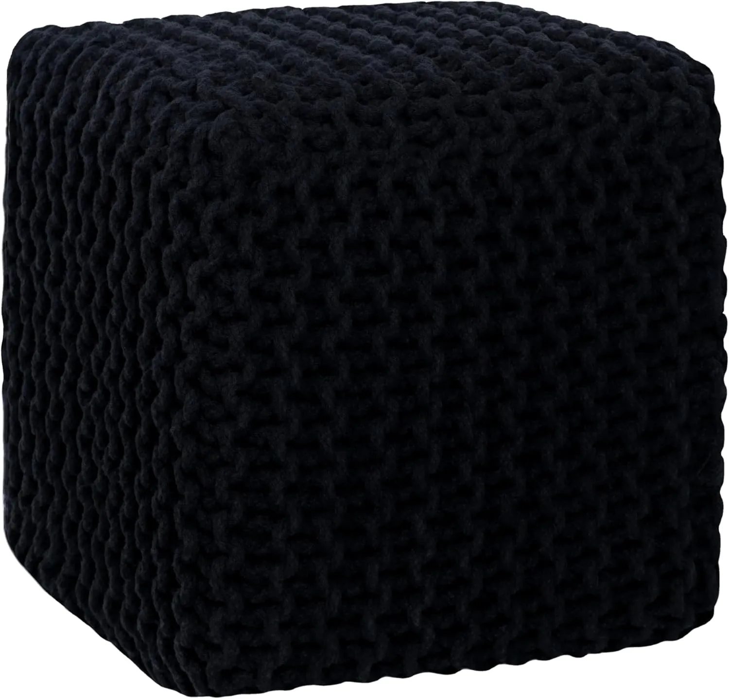 COTTON CRAFT Braided Cube Pouf - Hand Knitted Cotton Cord Cable Dori Ottoman - Foot Stool - Floor Pouf - Footrest - Portable Lightweight Accent Seat - Living Room Bedroom Dorm - 15 x 15 Square - Black