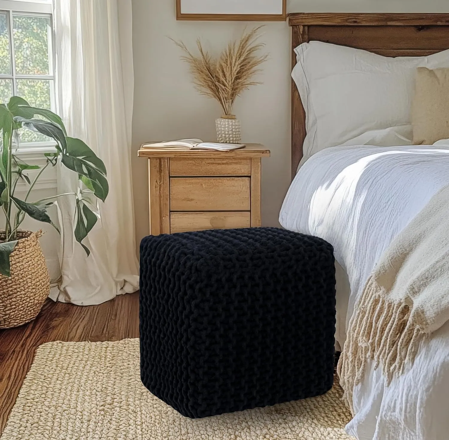 COTTON CRAFT Braided Cube Pouf - Hand Knitted Cotton Cord Cable Dori Ottoman - Foot Stool - Floor Pouf - Footrest - Portable Lightweight Accent Seat - Living Room Bedroom Dorm - 15 x 15 Square - Black