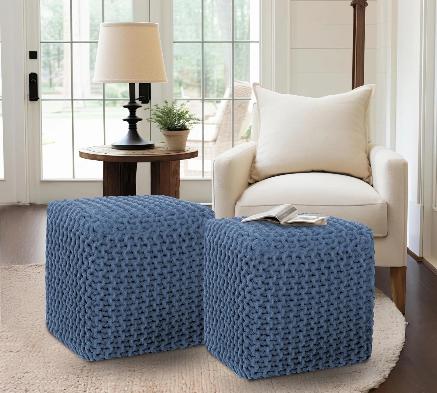 COTTON CRAFT Braided Cube Pouf - Hand Knitted Cotton Cord Cable Dori Ottoman - Foot Stool - Floor Pouf - Footrest - Portable Lightweight Accent Seat - Living Room Bedroom Dorm - 15 x 15 Square - Blue
