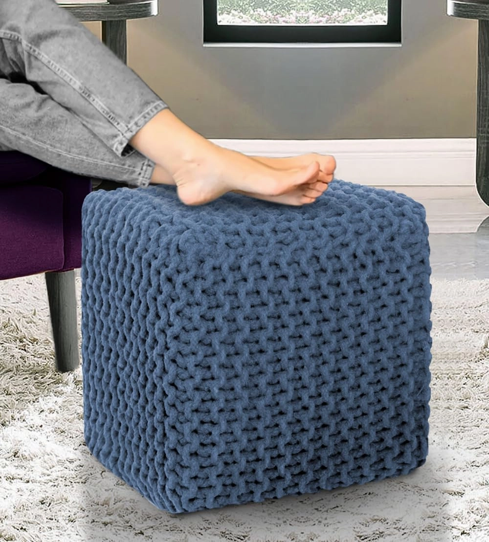 COTTON CRAFT Braided Cube Pouf - Hand Knitted Cotton Cord Cable Dori Ottoman - Foot Stool - Floor Pouf - Footrest - Portable Lightweight Accent Seat - Living Room Bedroom Dorm - 15 x 15 Square - Blue