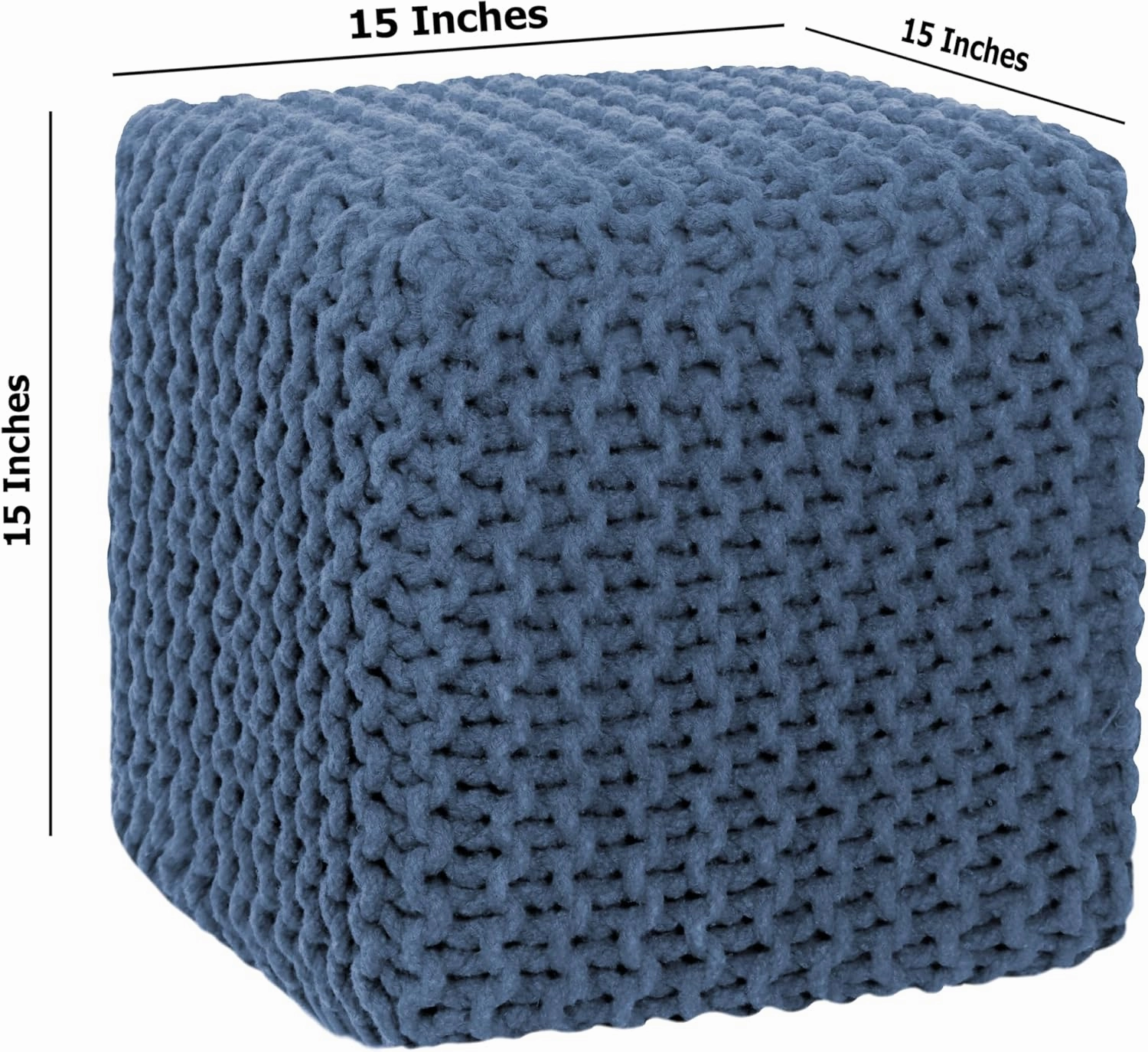 COTTON CRAFT Braided Cube Pouf - Hand Knitted Cotton Cord Cable Dori Ottoman - Foot Stool - Floor Pouf - Footrest - Portable Lightweight Accent Seat - Living Room Bedroom Dorm - 15 x 15 Square - Blue