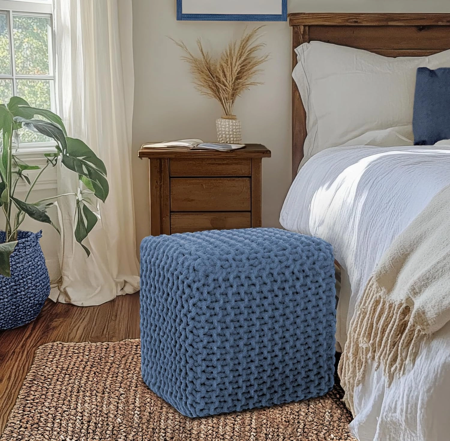 COTTON CRAFT Braided Cube Pouf - Hand Knitted Cotton Cord Cable Dori Ottoman - Foot Stool - Floor Pouf - Footrest - Portable Lightweight Accent Seat - Living Room Bedroom Dorm - 15 x 15 Square - Blue