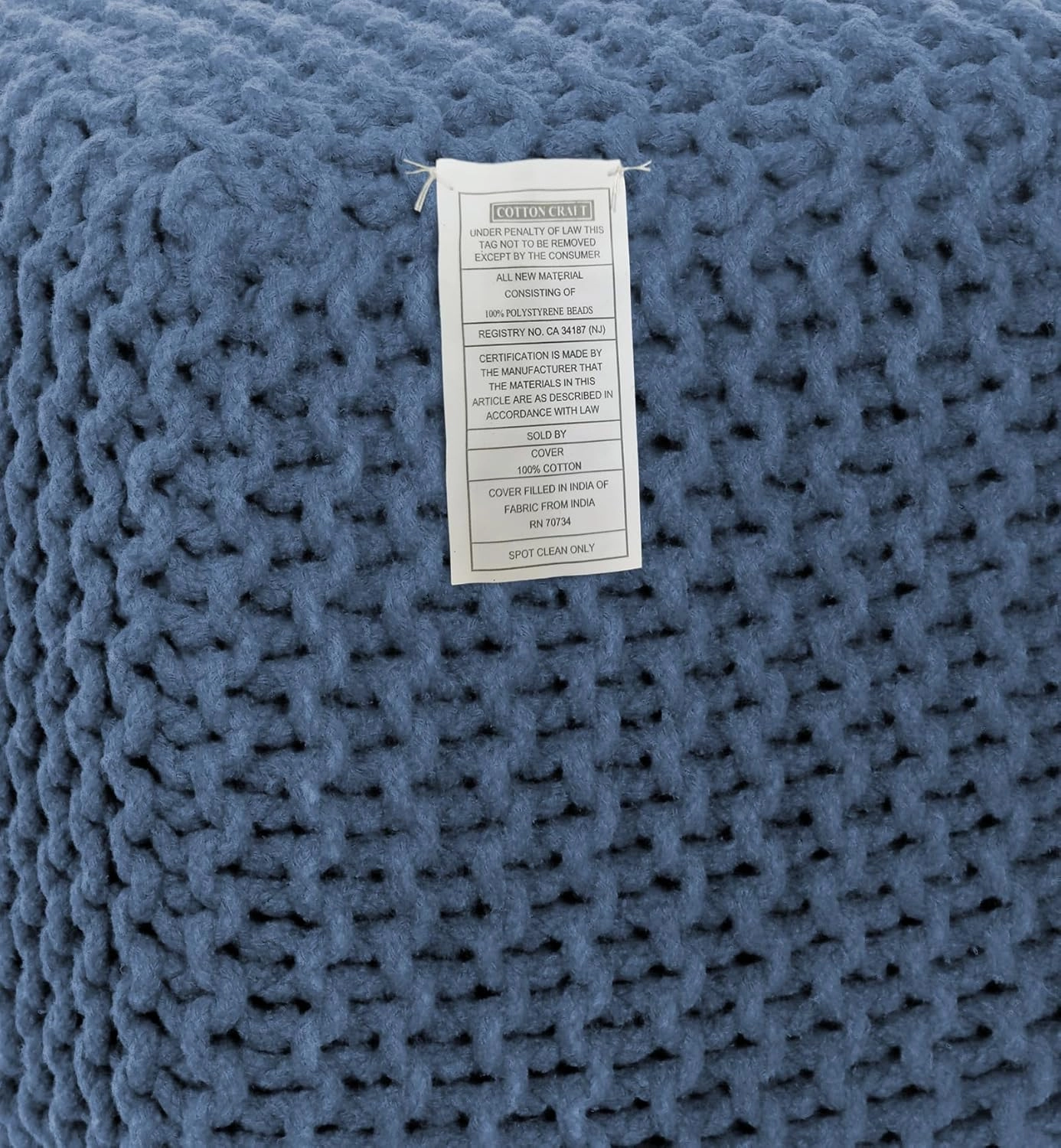 COTTON CRAFT Braided Cube Pouf - Hand Knitted Cotton Cord Cable Dori Ottoman - Foot Stool - Floor Pouf - Footrest - Portable Lightweight Accent Seat - Living Room Bedroom Dorm - 15 x 15 Square - Blue