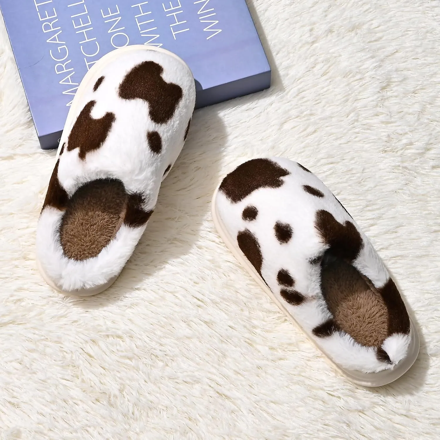 Cow Print Fuzzy Plush Slippers for Women Men, Non-Slip Fluffy Winter House Shoes, Indoor Soft Warm Faux Fur Lining Bedroom Slides