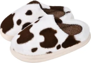 Cow Print Fuzzy Plush Slippers for Women Men, Non-Slip Fluffy Winter House Shoes, Indoor Soft Warm Faux Fur Lining Bedroom Slides