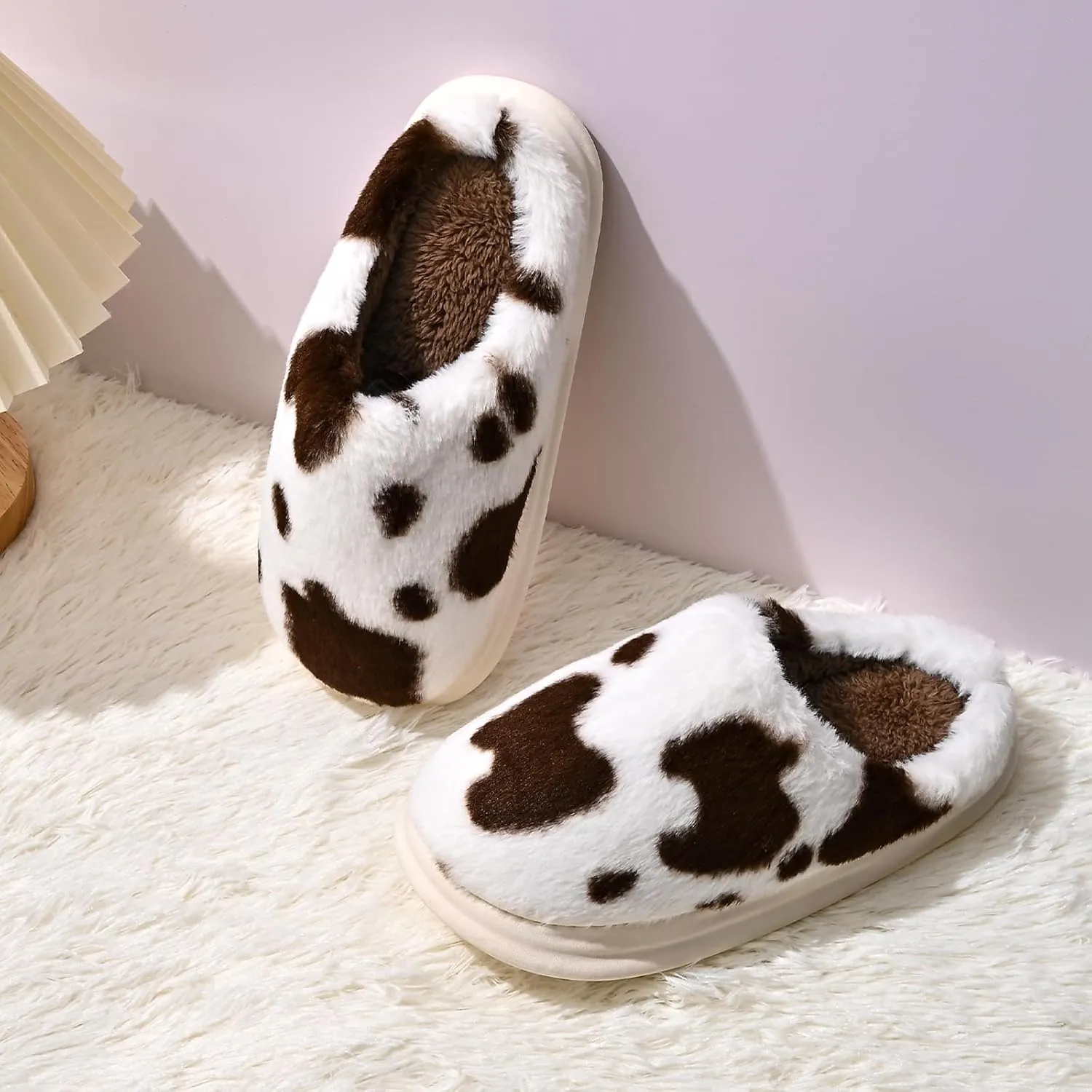 Cow Print Fuzzy Plush Slippers for Women Men, Non-Slip Fluffy Winter House Shoes, Indoor Soft Warm Faux Fur Lining Bedroom Slides