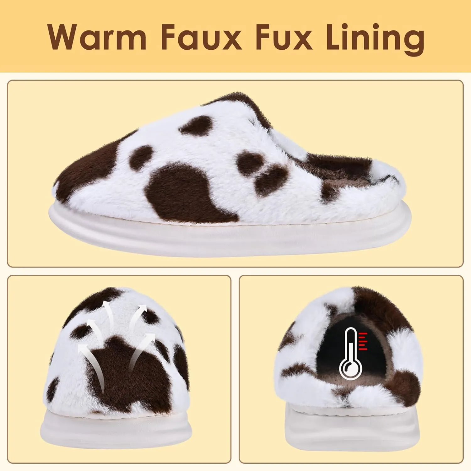 Cow Print Fuzzy Plush Slippers for Women Men, Non-Slip Fluffy Winter House Shoes, Indoor Soft Warm Faux Fur Lining Bedroom Slides