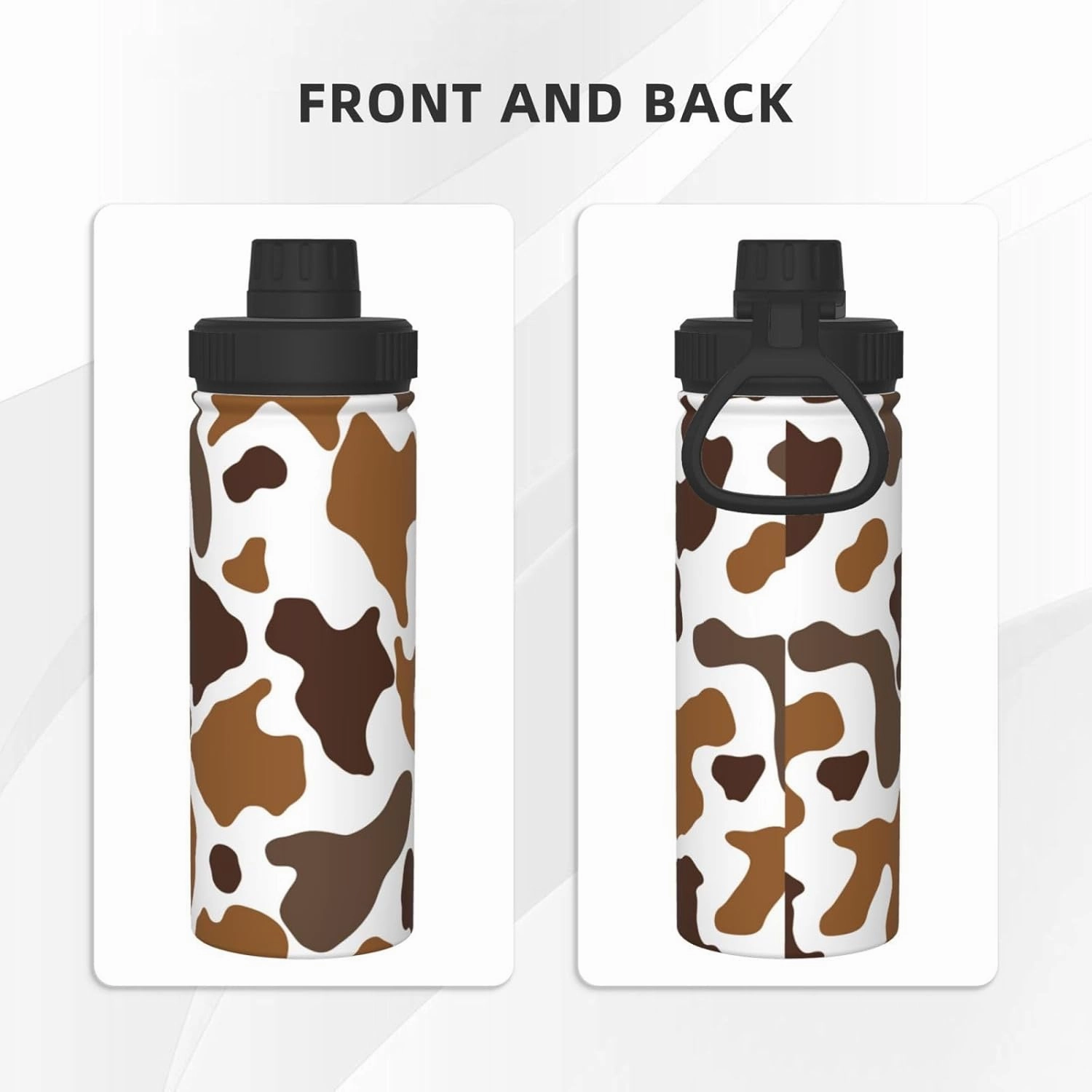 Cow Print 18 oz Stainless Steel Water Bottles Insulated Sports Water Bottle with Handle, Brown Double Wall Travel Water Flask for Running Hiking Fishing