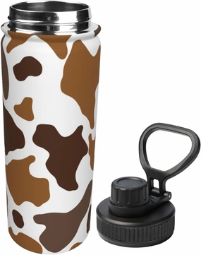 Cow Print 18 oz Stainless Steel Water Bottles Insulated Sports Water Bottle with Handle, Brown Double Wall Travel Water Flask for Running Hiking Fishing