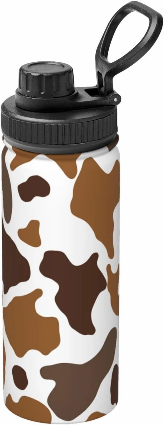 Cow Print 18 oz Stainless Steel Water Bottles Insulated Sports Water Bottle with Handle, Brown Double Wall Travel Water Flask for Running Hiking Fishing