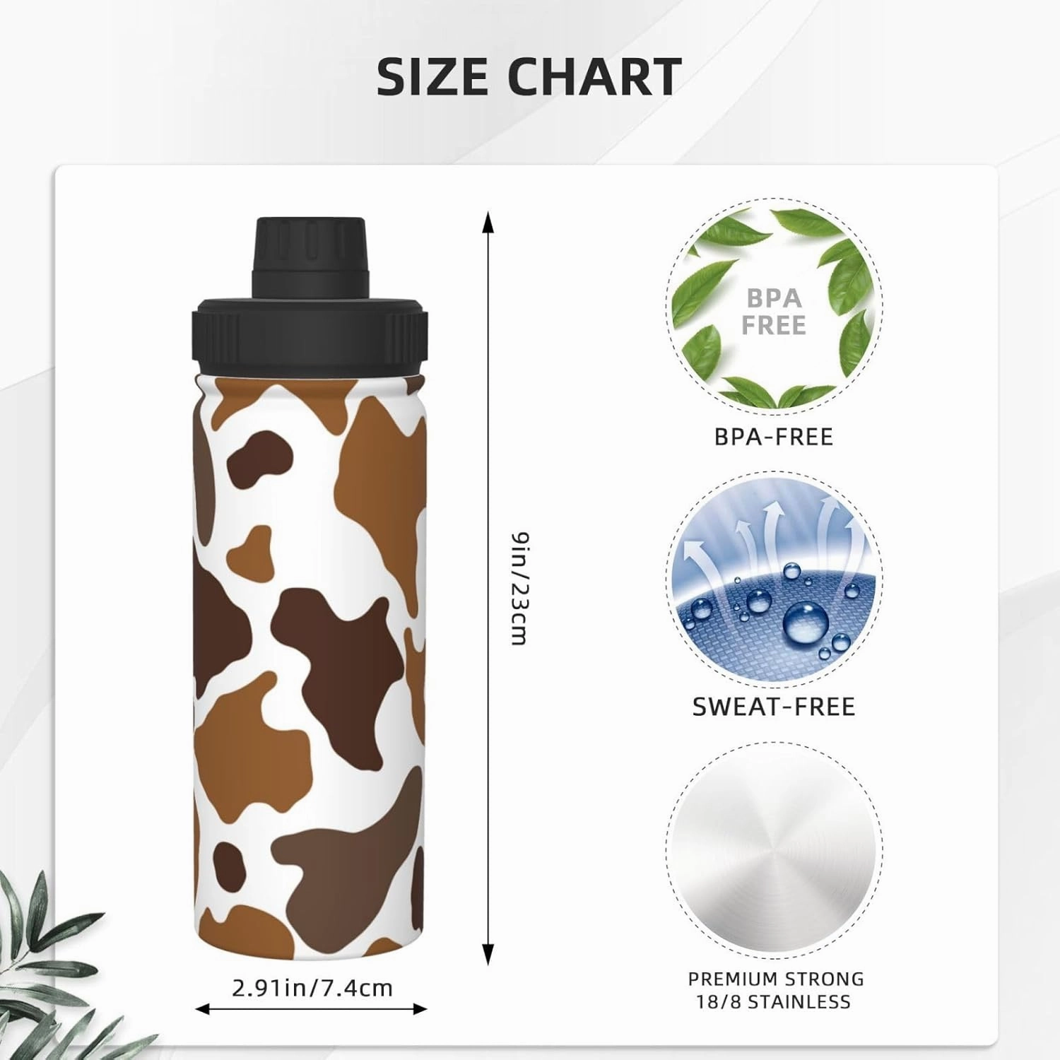 Cow Print 18 oz Stainless Steel Water Bottles Insulated Sports Water Bottle with Handle, Brown Double Wall Travel Water Flask for Running Hiking Fishing