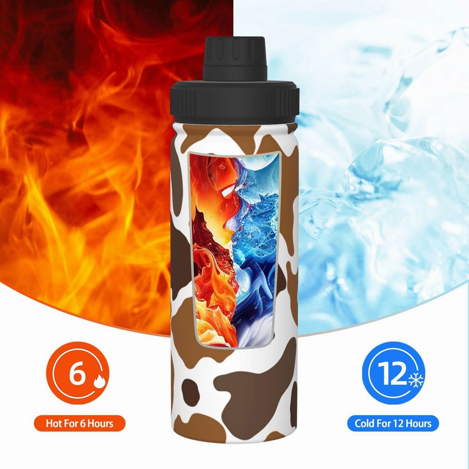 Cow Print 18 oz Stainless Steel Water Bottles Insulated Sports Water Bottle with Handle, Brown Double Wall Travel Water Flask for Running Hiking Fishing