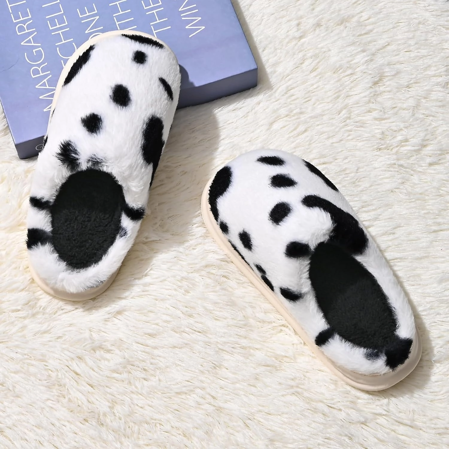 Cow Print Fuzzy Plush Slippers for Women Men, Non-Slip Fluffy Winter House Shoes, Indoor Soft Warm Faux Fur Lining Bedroom Slides