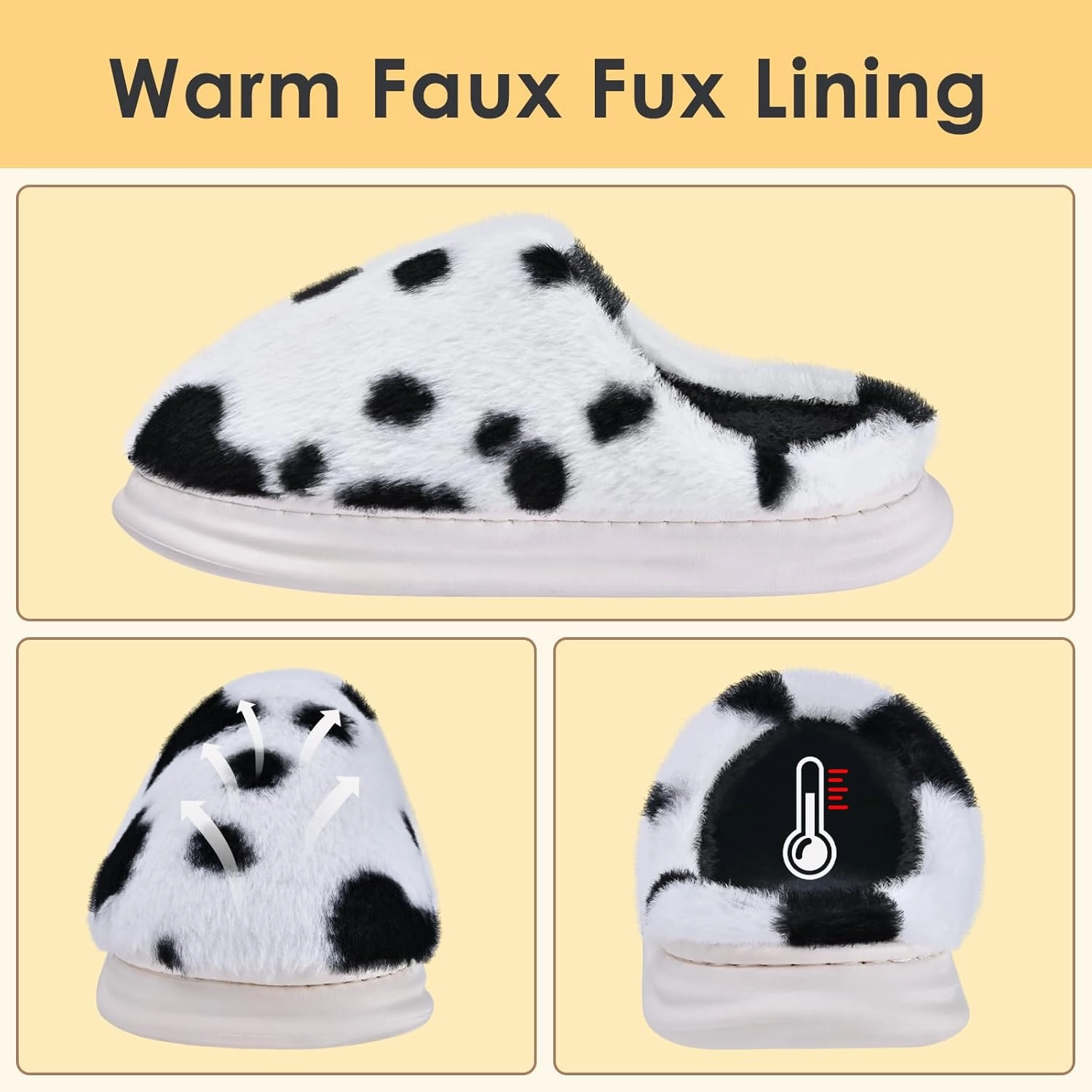 Cow Print Fuzzy Plush Slippers for Women Men, Non-Slip Fluffy Winter House Shoes, Indoor Soft Warm Faux Fur Lining Bedroom Slides