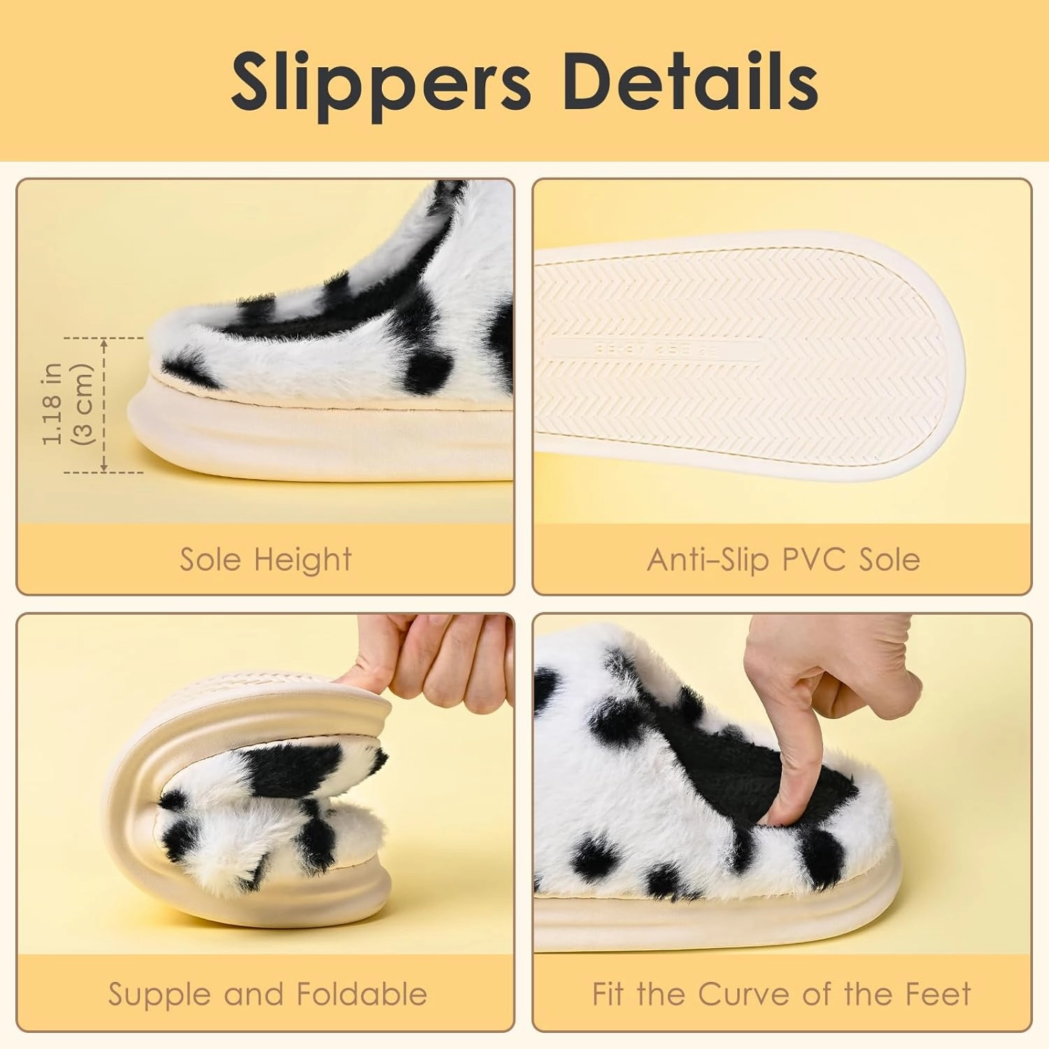 Cow Print Fuzzy Plush Slippers for Women Men, Non-Slip Fluffy Winter House Shoes, Indoor Soft Warm Faux Fur Lining Bedroom Slides