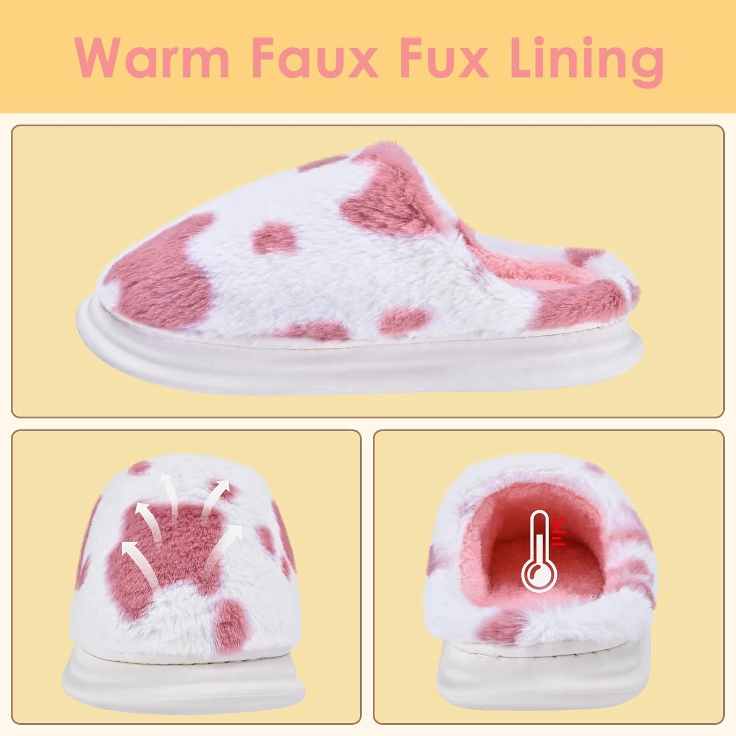 Cow Print Fuzzy Plush Slippers for Women Men, Non-Slip Fluffy Winter House Shoes, Indoor Soft Warm Faux Fur Lining Bedroom Slides