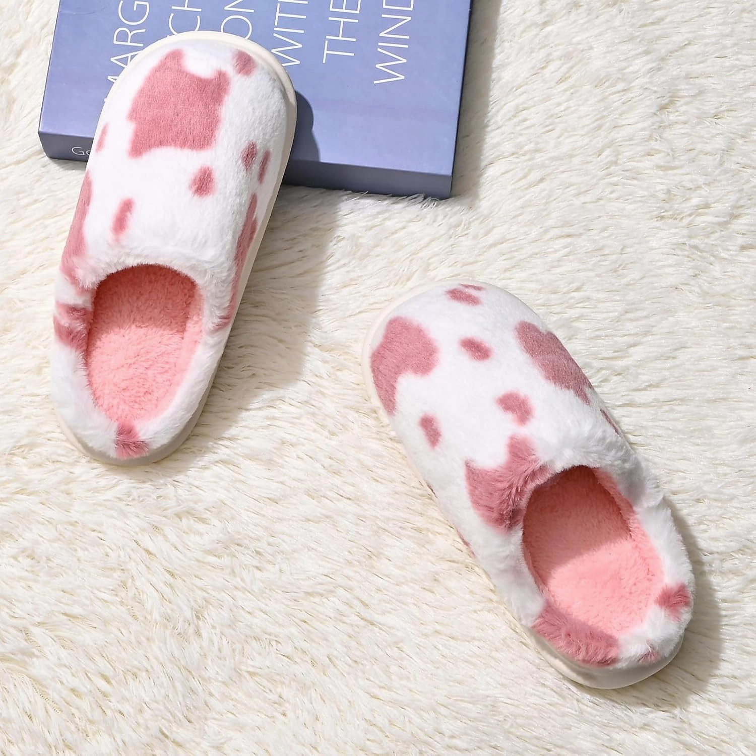 Cow Print Fuzzy Plush Slippers for Women Men, Non-Slip Fluffy Winter House Shoes, Indoor Soft Warm Faux Fur Lining Bedroom Slides