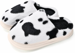 Cow Print Fuzzy Plush Slippers for Women Men, Non-Slip Fluffy Winter House Shoes, Indoor Soft Warm Faux Fur Lining Bedroom Slides