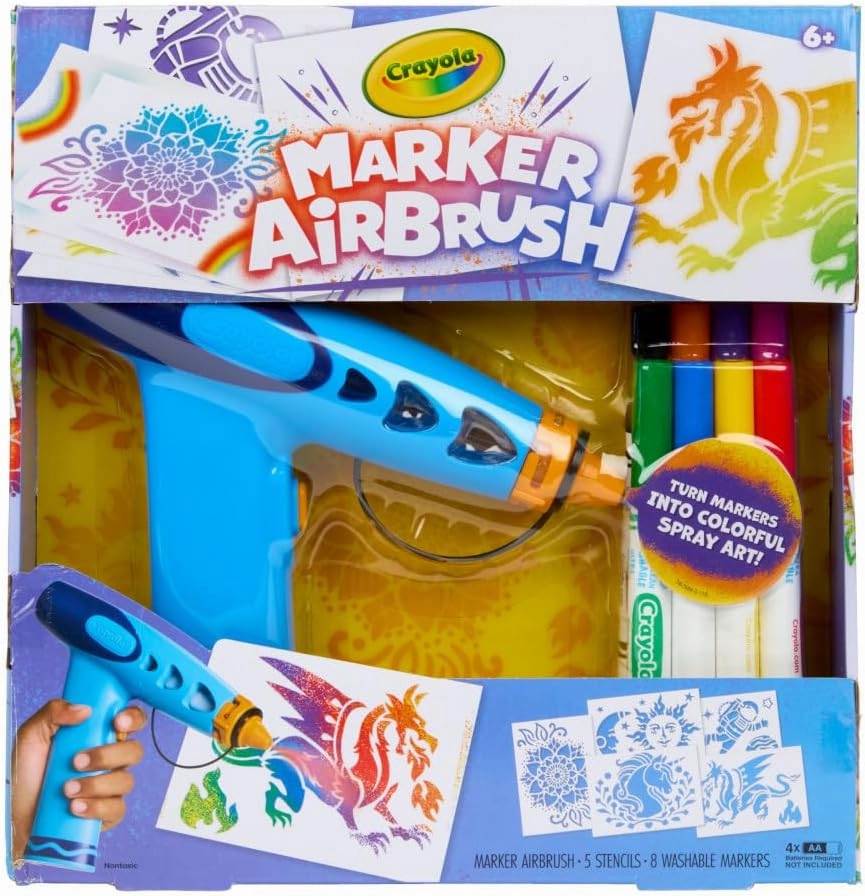 Crayola Marker Airbrush Spray Art Kit, DIY Marker Art Set for Kids, No Batteries Required, Toys for Kids, Gift for Boys & Girls, 6 