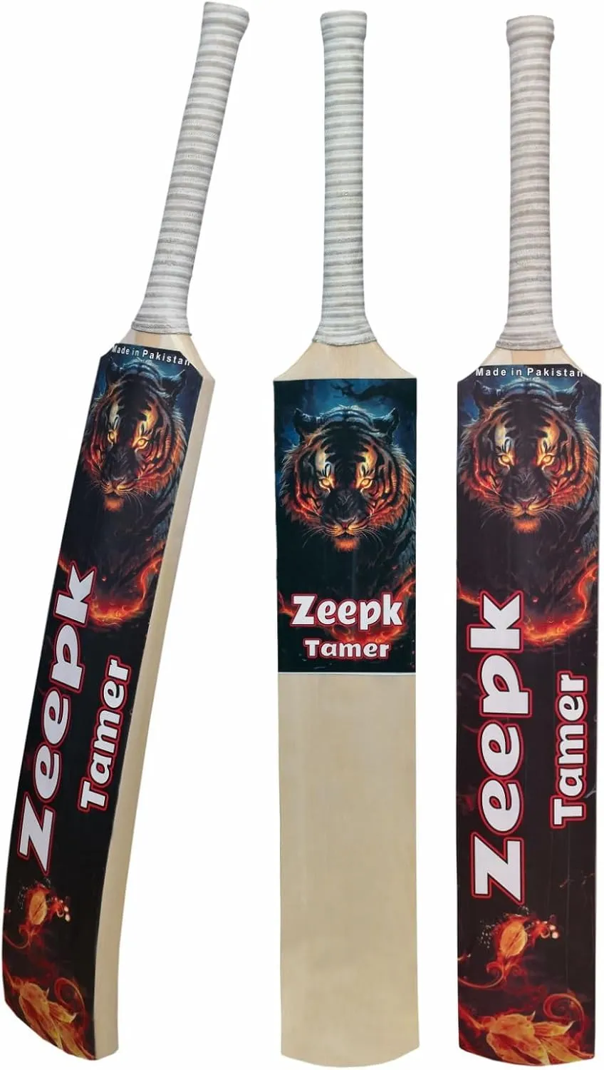 Cricket Bat Zeepk Tiger Tennis Tape Ball Full Size 5" inch Wide 35" Adult Full Cane Long Handle Hand Made Kashmir Willow - 2 lbs Lightweight & Strong Low Sweet Spot Low Profile Hard Hitting Sixer