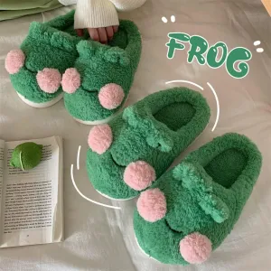Cute Frog Slippers for Women Kawaii Fuzzy Plush Dorm Slippers Y2K Fluffy House Slides Downtown Girl Aesthetic Stuffs