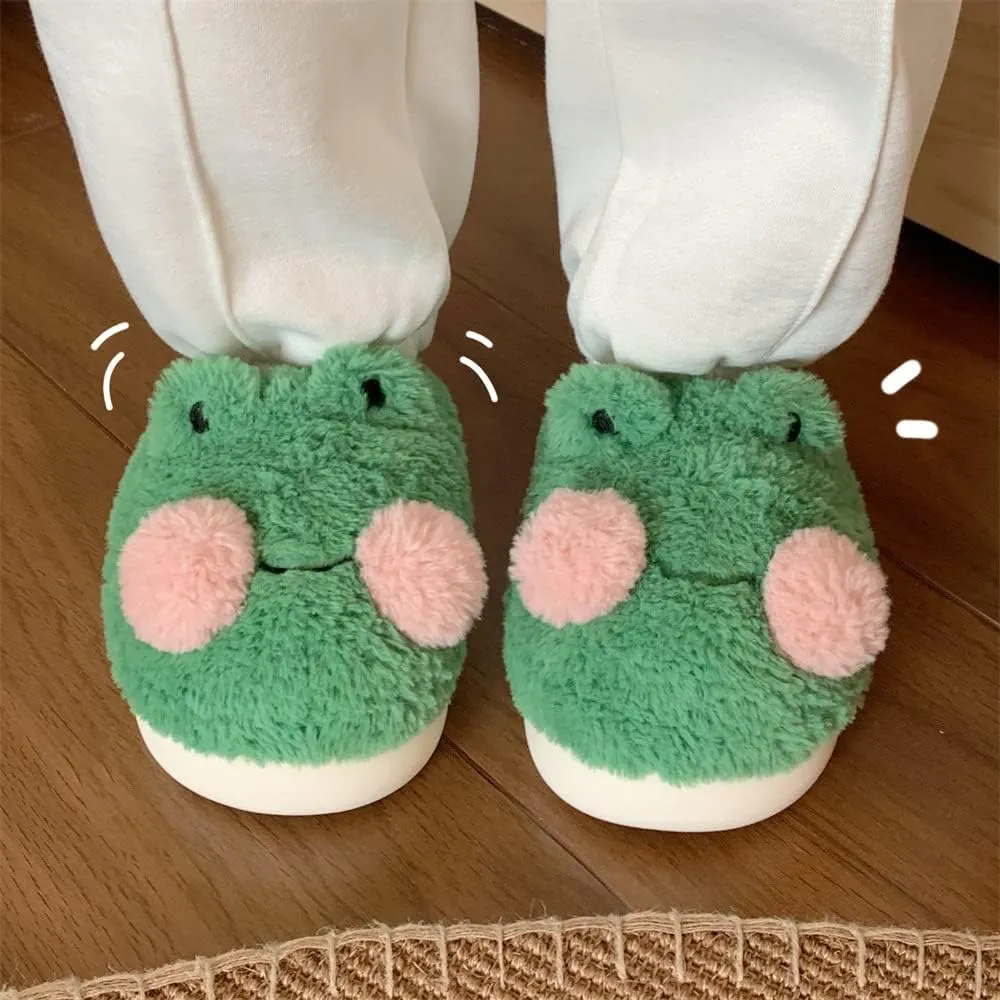 Cute Frog Slippers for Women Kawaii Fuzzy Plush Dorm Slippers Y2K Fluffy House Slides Downtown Girl Aesthetic Stuffs