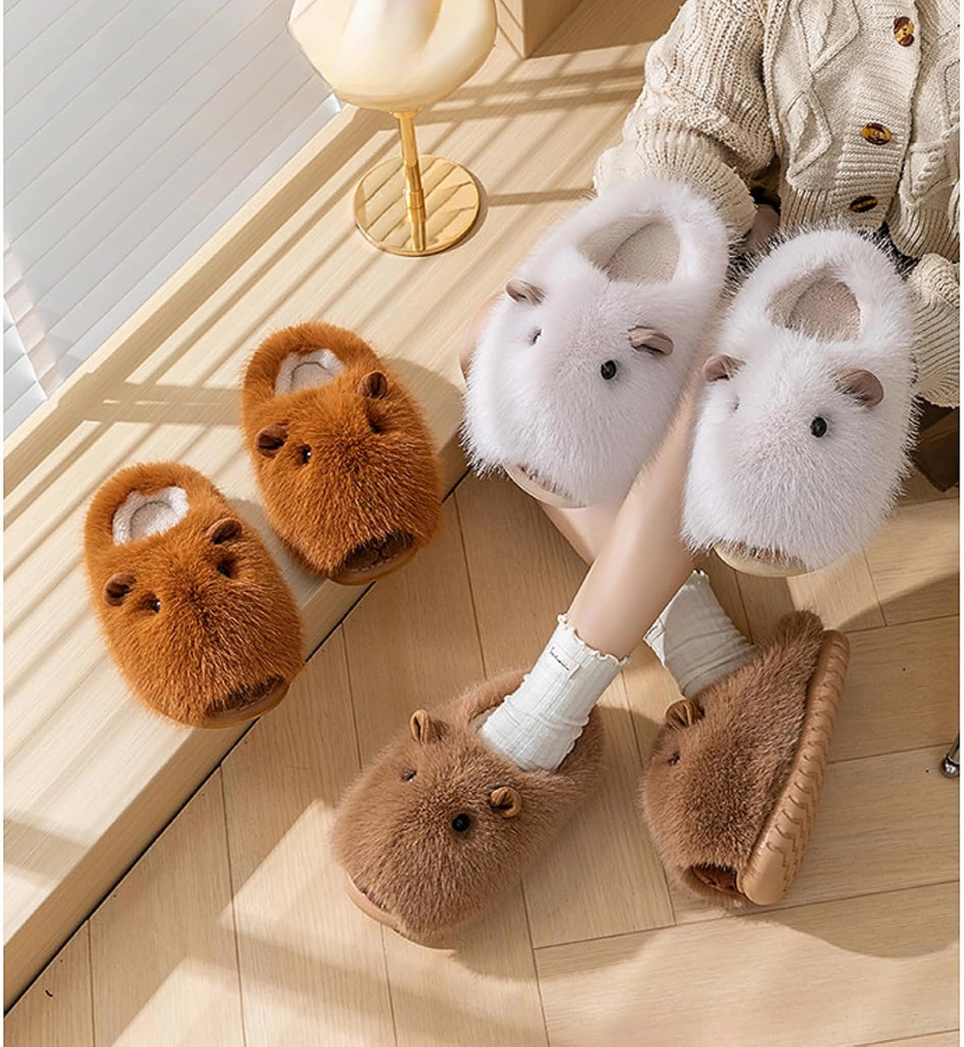 Cute Capybara Fuzzy Slippers Fluffy Animal Fluffy Plush Slippers Warm Winter Wear Home Cozy Furry Soft Stuff Indoor Shoes
