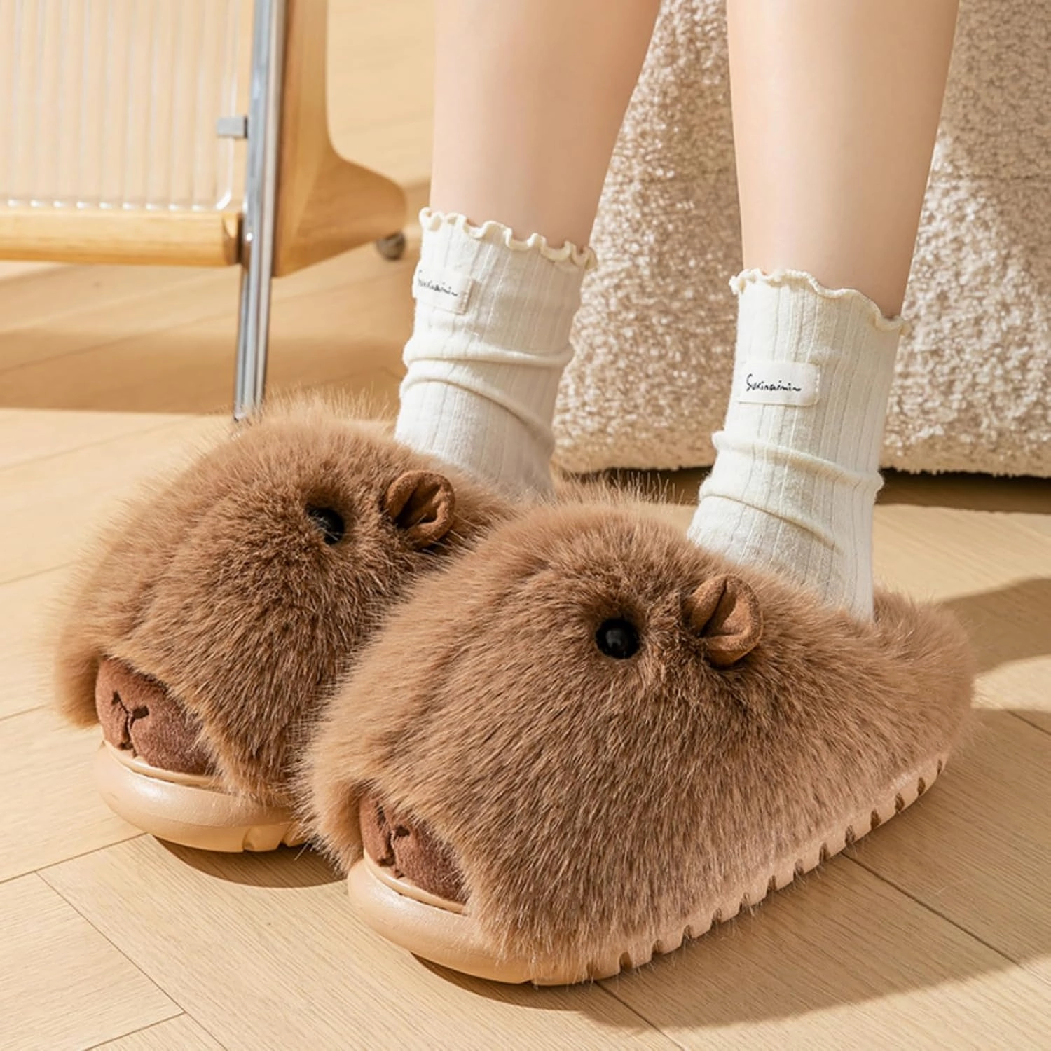 Cute Capybara Fuzzy Slippers Fluffy Animal Fluffy Plush Slippers Warm Winter Wear Home Cozy Furry Soft Stuff Indoor Shoes