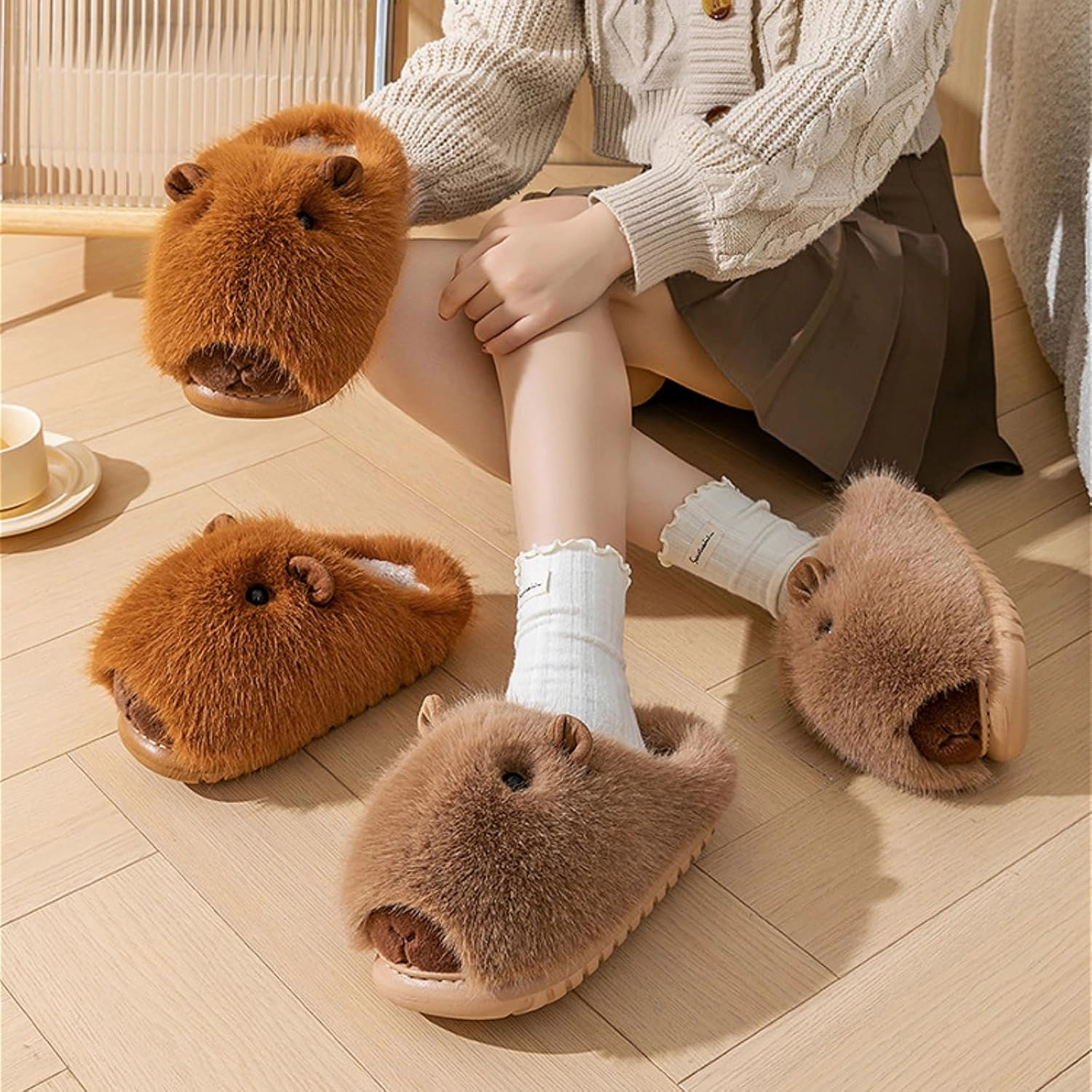 Cute Capybara Fuzzy Slippers Fluffy Animal Fluffy Plush Slippers Warm Winter Wear Home Cozy Furry Soft Stuff Indoor Shoes