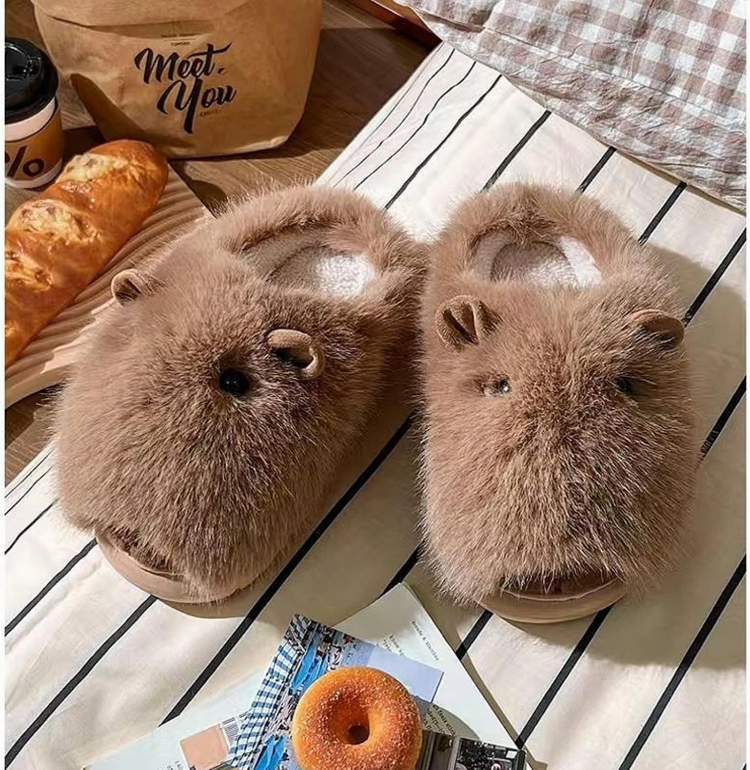 Cute Capybara Fuzzy Slippers Fluffy Animal Fluffy Plush Slippers Warm Winter Wear Home Cozy Furry Soft Stuff Indoor Shoes