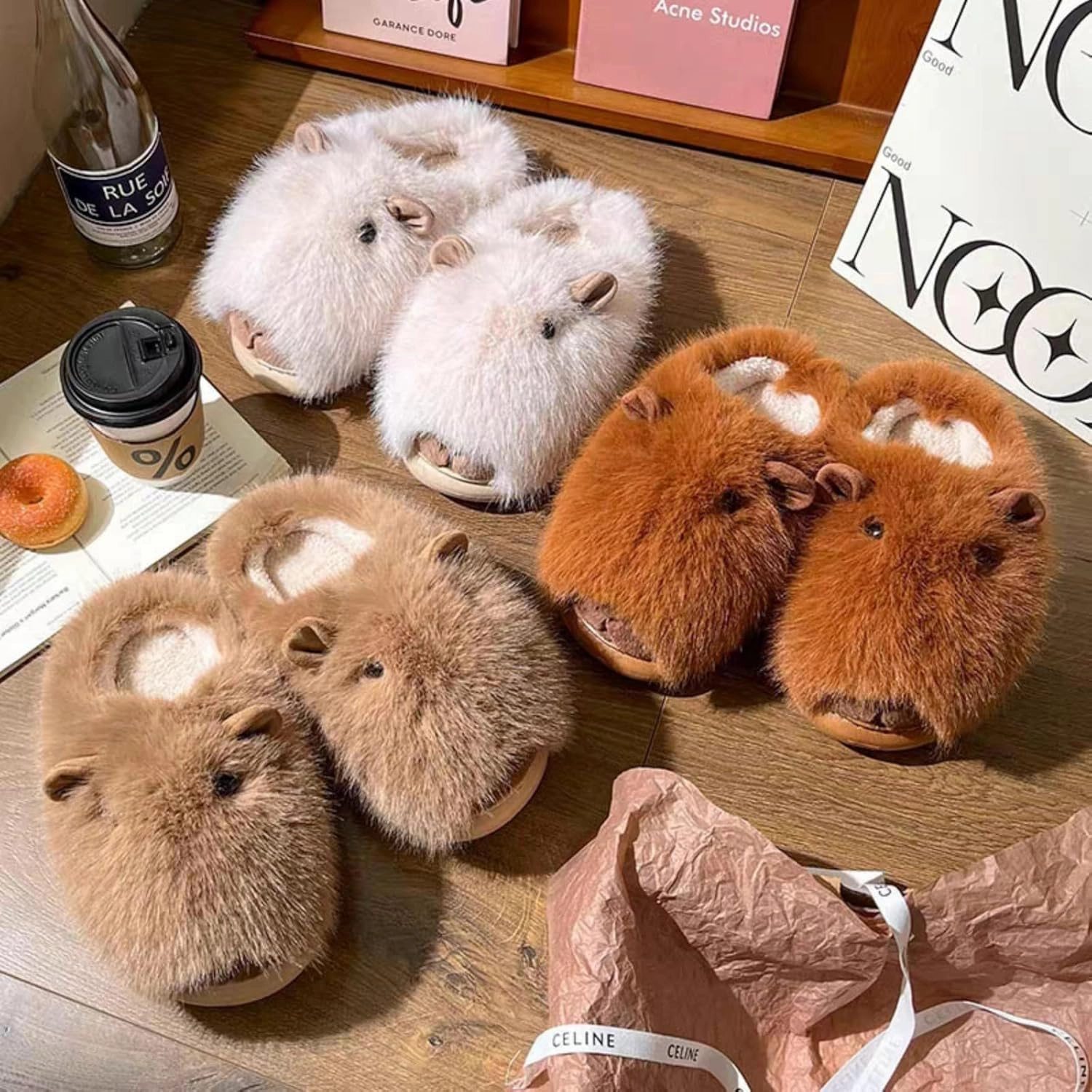 Cute Capybara Fuzzy Slippers Fluffy Animal Fluffy Plush Slippers Warm Winter Wear Home Cozy Furry Soft Stuff Indoor Shoes