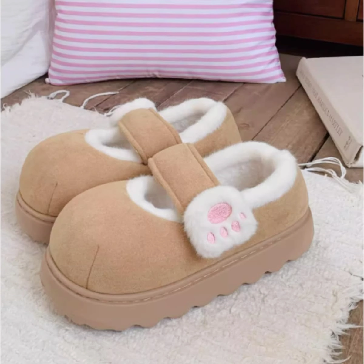 Cute Cat Paw Cotton Slippers for Women Plush Fluffy Fuzzy Non-Slip Winter Wear Indoor Outdoor Warm Cozy Home Shoes Gift