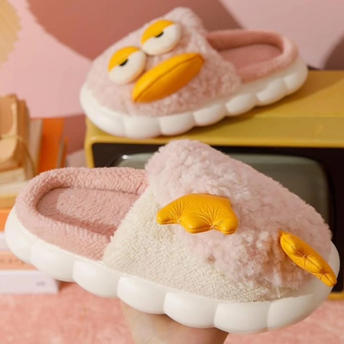 Cute Duck Furry Animal Slippers for Women Men Warm Fluffy Soft House Slippers Indoor Outdoor
