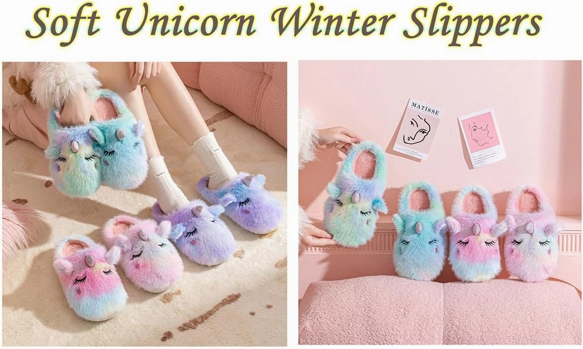 Cute Plush Unicorn Slippers for Women Cartoon Fluffy Fuzzy Rainbow Slippers Cozy House Slippers Indoor Outdoor