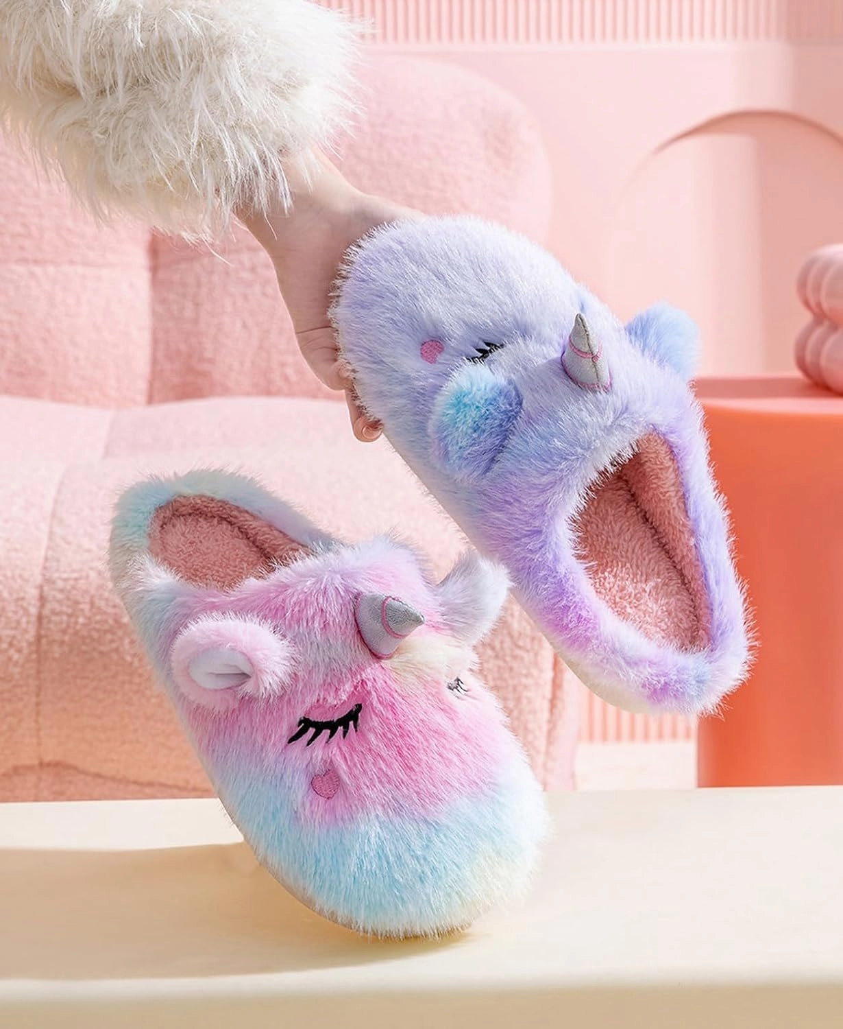 Cute Plush Unicorn Slippers for Women Cartoon Fluffy Fuzzy Rainbow Slippers Cozy House Slippers Indoor Outdoor